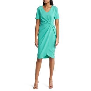 Tahari ASL Side Knot Stretch Crepe Seafoam Green Sheath Knee Length Dress 4 NWT
